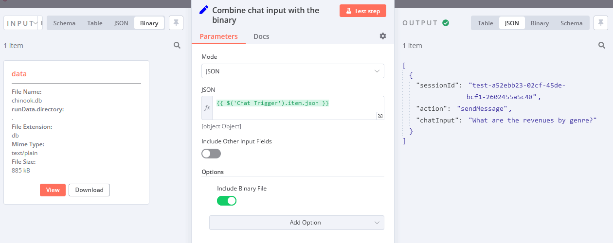 Use Set node to combine JSON and binary data from different sources