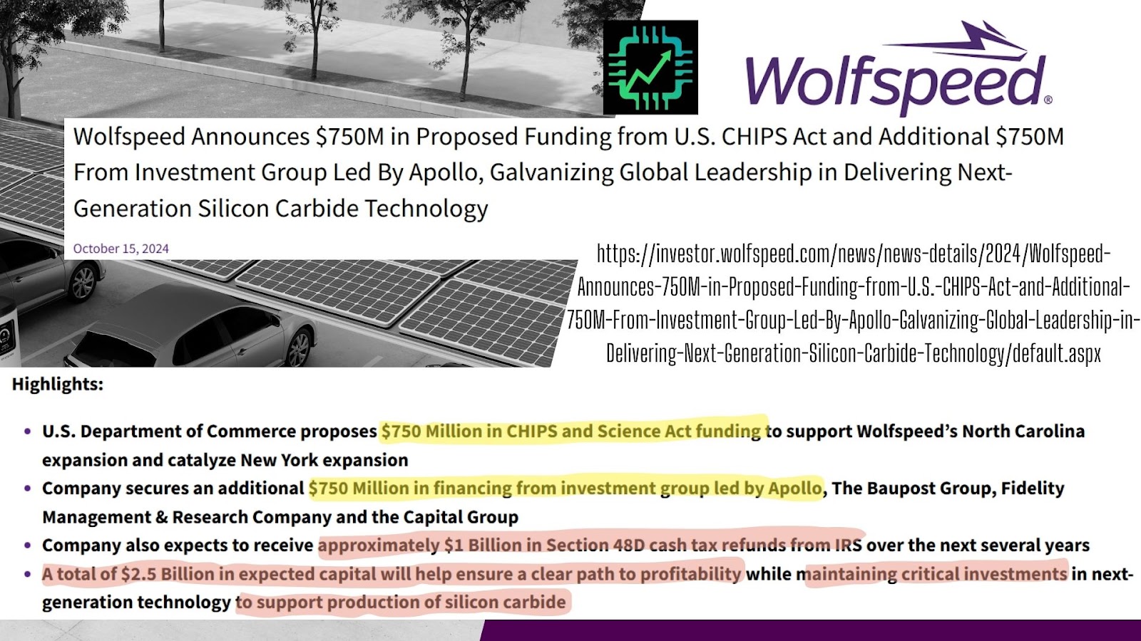 A slide outlining Wolfspeed's U.S. CHIPS Act funding deal, including with investors led by Apollo.