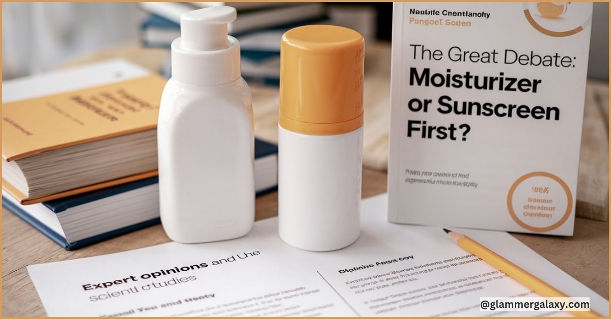  Two skincare bottles beside a book titled “The Great Debate: Moisturizer or Sunscreen First?” with papers and a pencil.