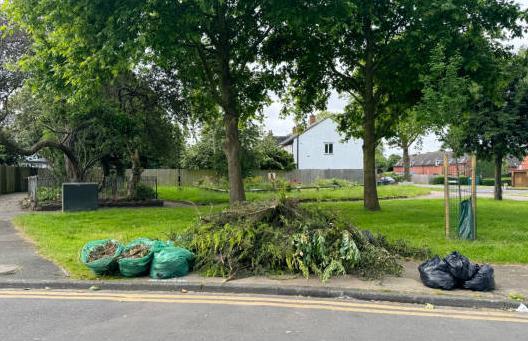 A pile of garden waste including branches, leaves, and plant trimmings sits on the grass verge beside a residential street, with several green garden waste bags and black refuse sacks placed nearby.