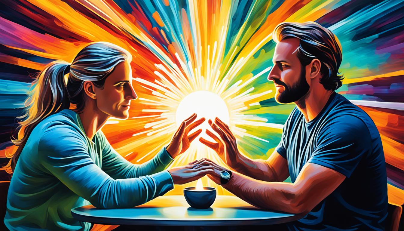 Visualize an abstract scene consisting of two individuals sitting across from each other, hands clasped together on a table. Above them, a bright, glowing orb of energy hovers, representing their shared manifestation. The individuals appear focused and mindful as they engage in a deep conversation, their body language expressing a sense of trust and mutual understanding. A soft, warm light radiates from the center of the scene, illuminating the surrounding darkness and bringing a sense of peacefulness and positivity.