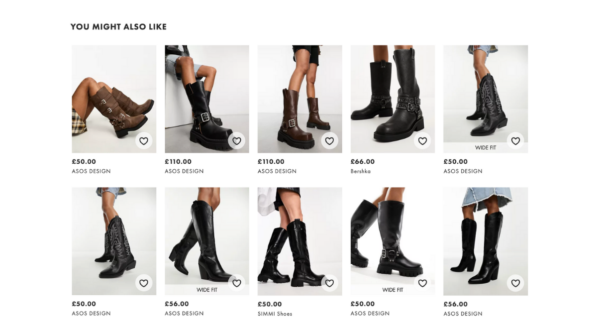 ASOS website showing suggested boots