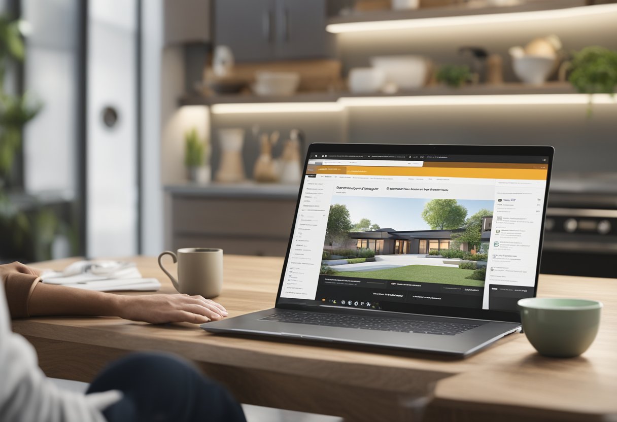 A person scrolling through Angie's List on a laptop, with a list of 8 steps to find a roofing company in Aurora, IL