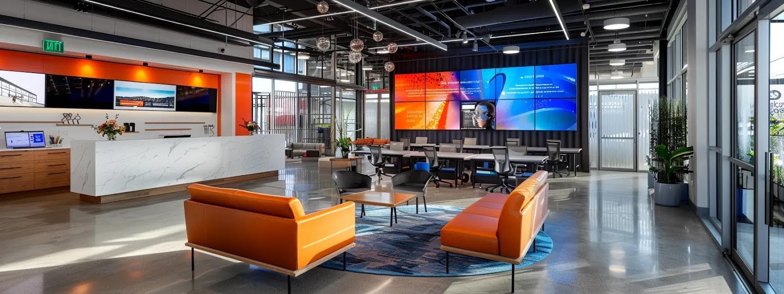 a sleek, modern office space in san jose showcases a vibrant, custom web design project on multiple screens, emphasizing brand identity through dynamic layouts and color schemes that highlight its innovative capabilities.