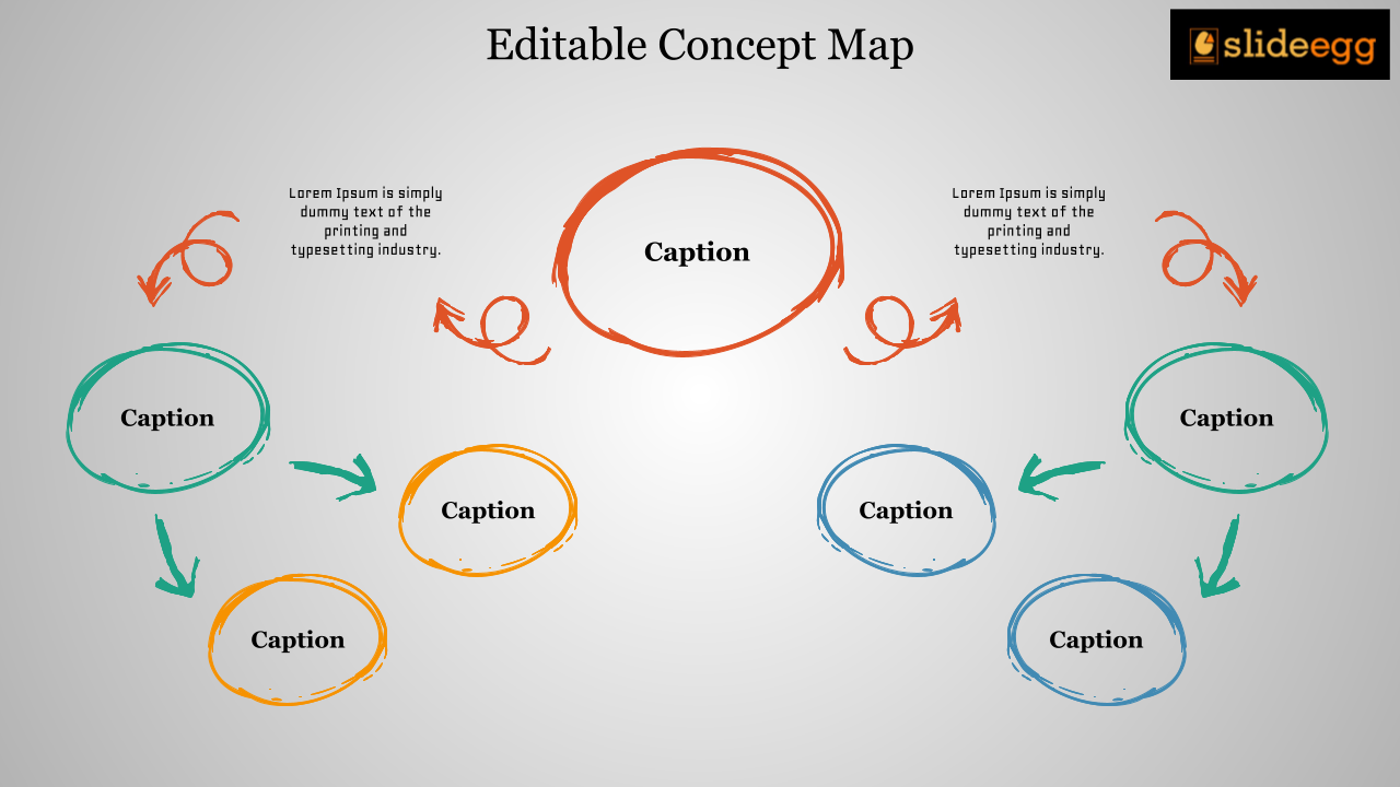 Editable Concept Map slide from SlideEgg with hand-drawn designs and spaces to add captions & text