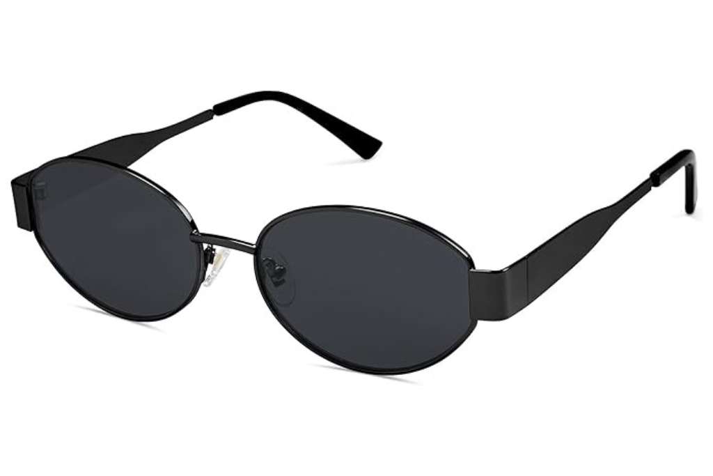 black sunglasses with black lenses and a metal frame