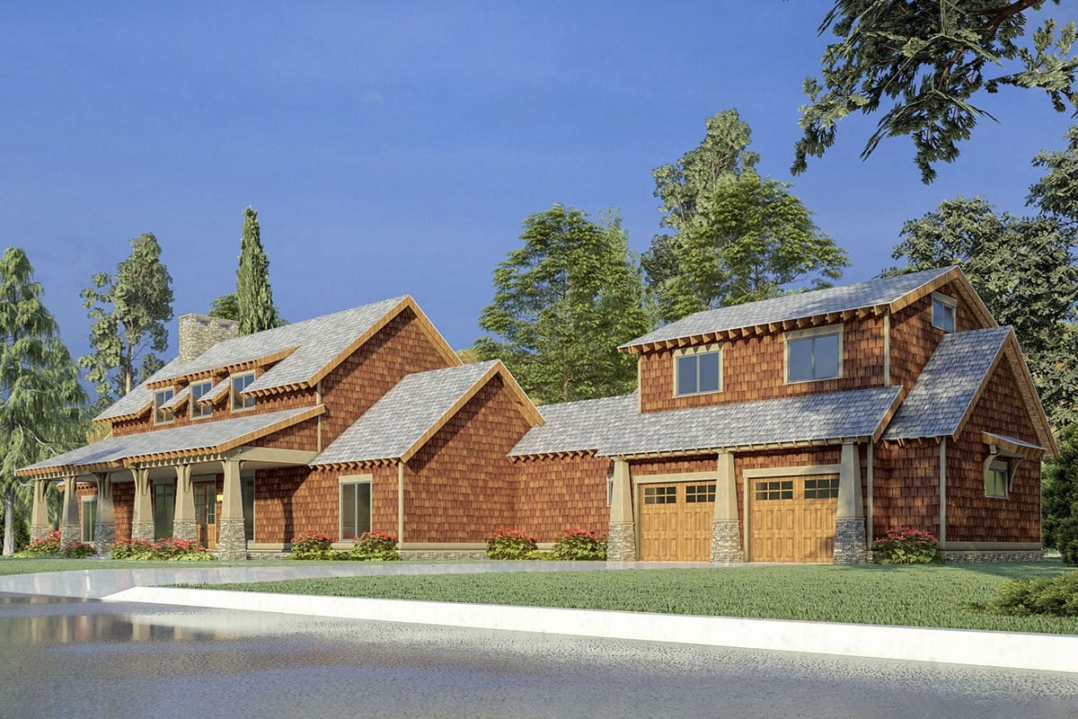 Front-right rendering of the two-story 4-bedroom mountain country home.
