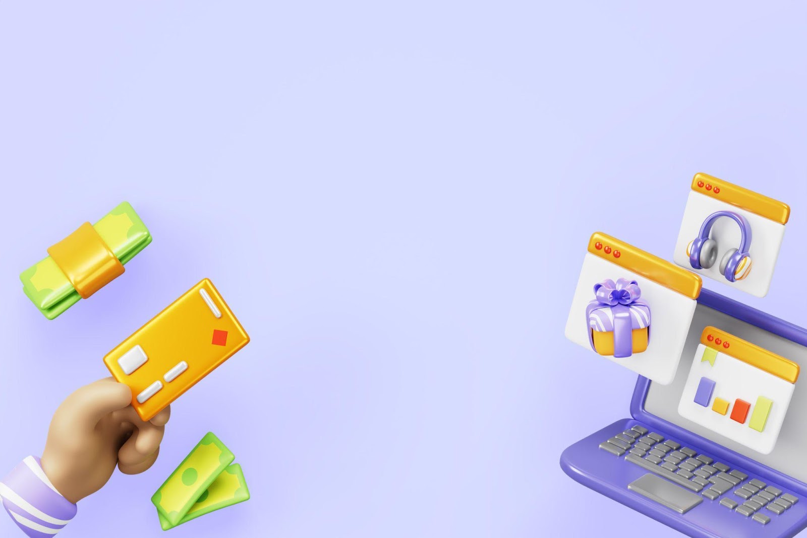 3D illustration of a hand holding a credit card with floating money, gifts, and gadgets on a purple background.