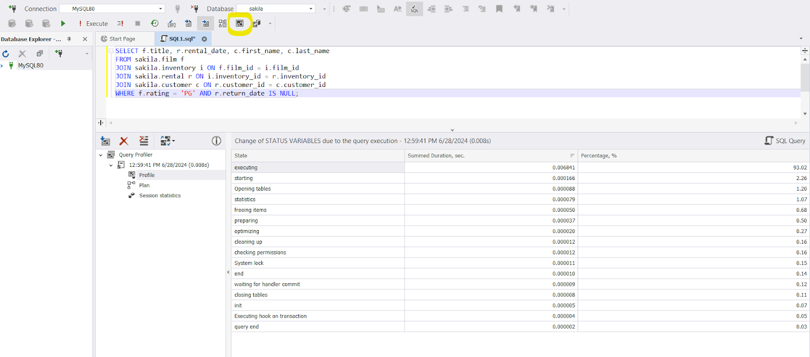 Raw Query profiling mode output.