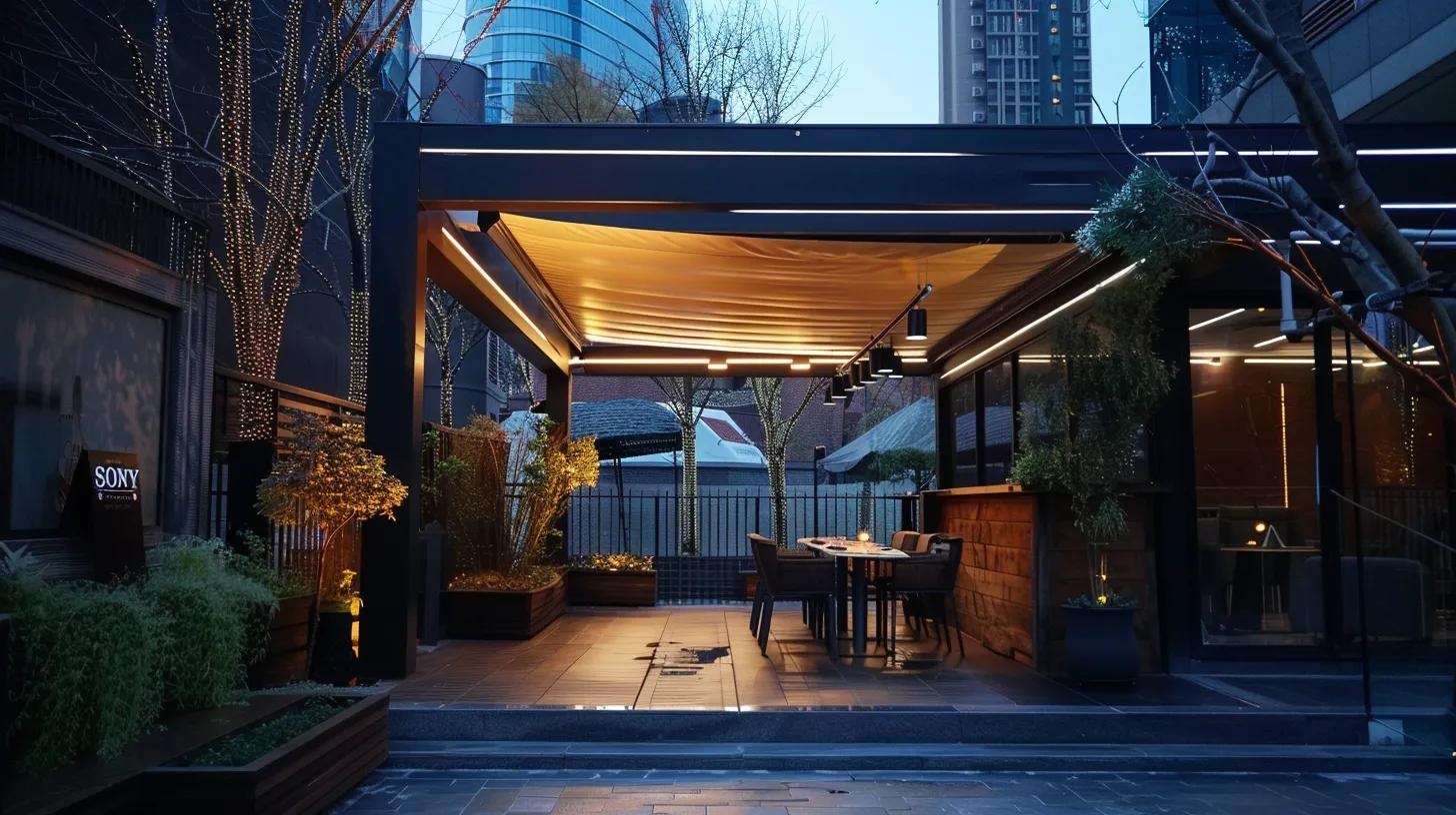 a modern outdoor installation showcases an elegant retractable awning made from sleek, durable materials, draped over a stylish patio, with warm, ambient lighting enhancing its sophisticated design against a minimalist urban backdrop.