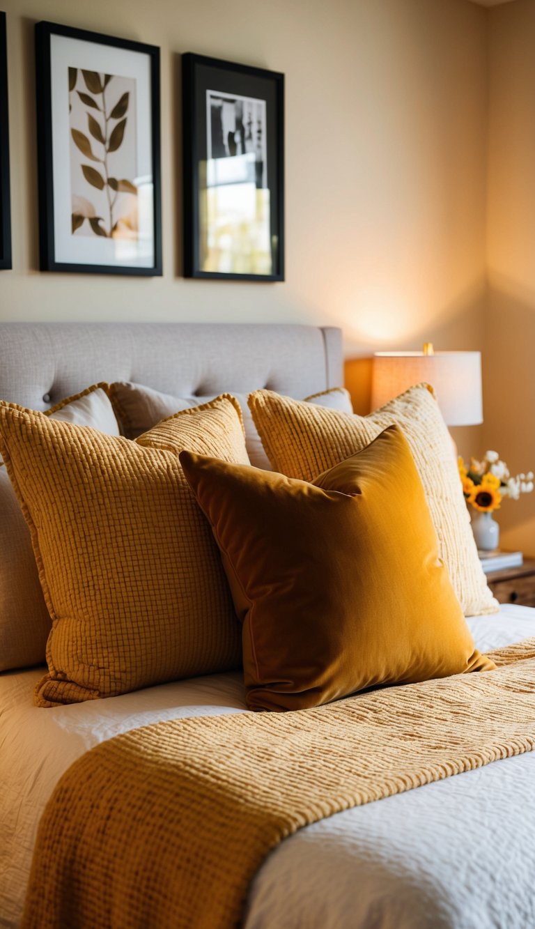 A cozy yellow bedroom with amber throw pillows on a bed, matching decor, and warm lighting