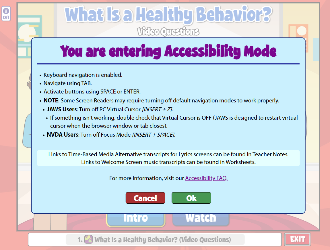 Screenshot of QuaverEd's Accessibility mode popup with keyboard navigation and screen reader instructions, plus Cancel and OK buttons.