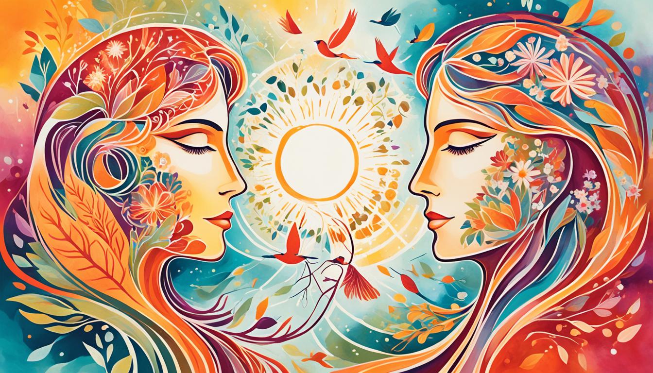 An image that showcases the power of attraction in manifesting relationships. Depict two people, drawn towards each other by a strong magnetic force. Show them surrounded by elements of nature, such as flowers blooming and birds chirping, symbolizing new beginnings and the beauty of new connections. Convey a sense of warmth and positivity in the image, using warm colors and soft lighting. Avoid any negative or cynical elements that may detract from the message of manifestation.