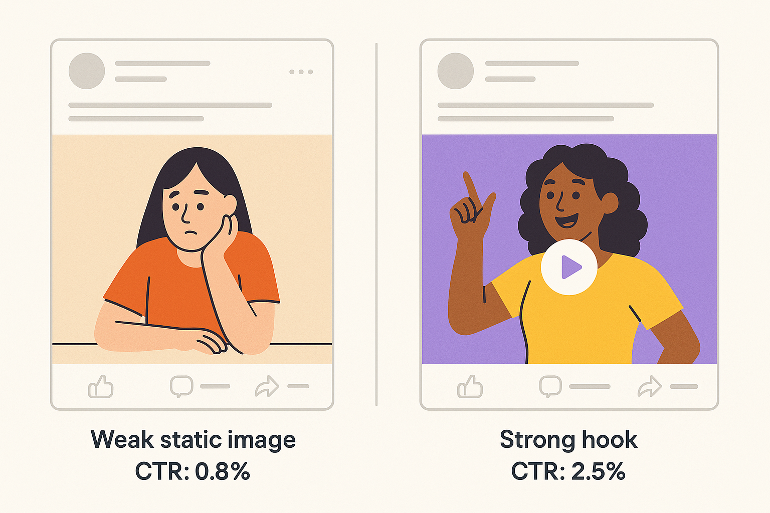 2D illustration comparing two Facebook ads — one with a weak static image (0.6% CTR) and one with a strong visual hook (1.7% CTR)
