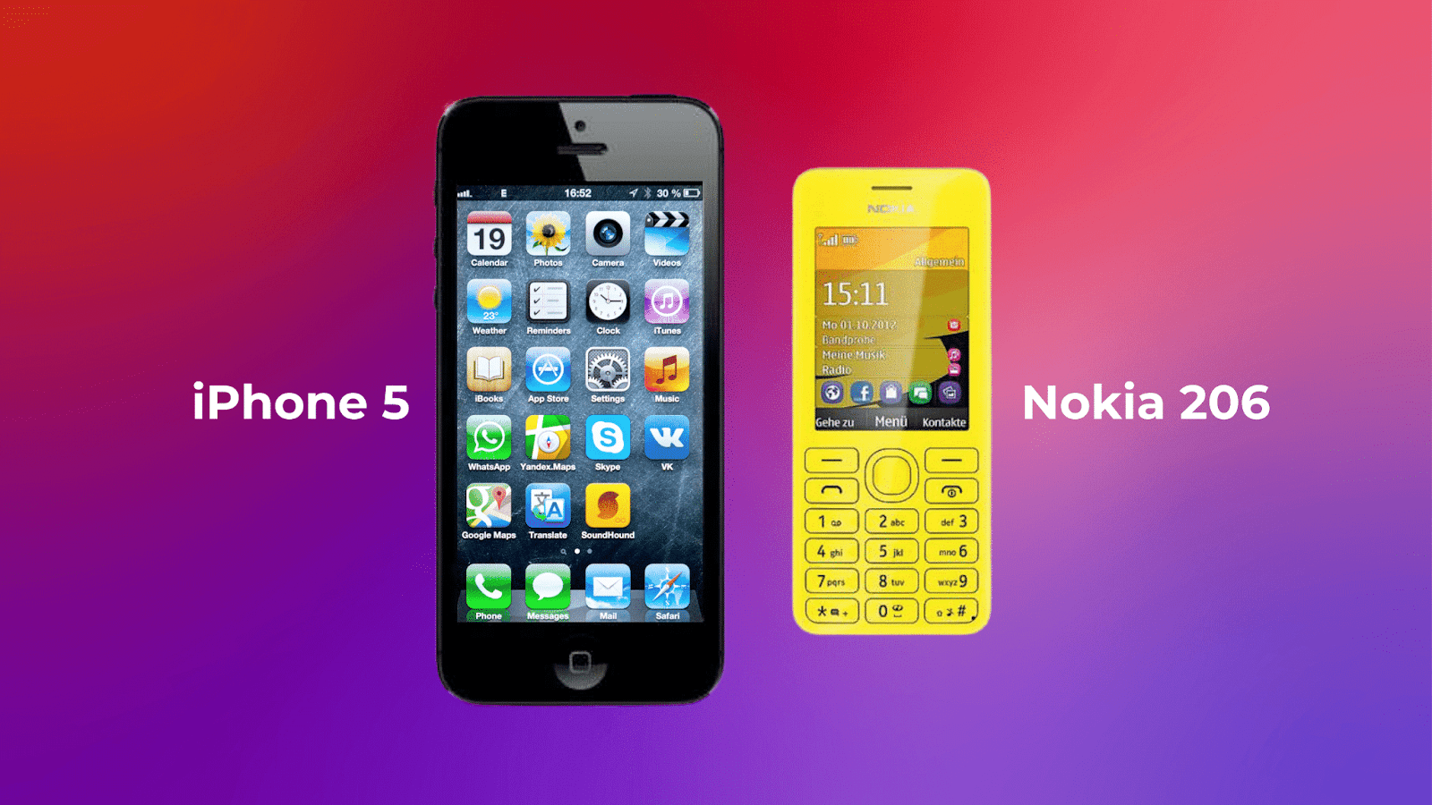 iPhone 5 vs. Nokia 206 – a much smaller phone with a keypad. The Nokia 206 is bright yellow.