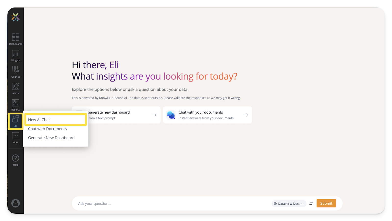 Knowi's private AI powered converational interface. Ask questions in plain english
