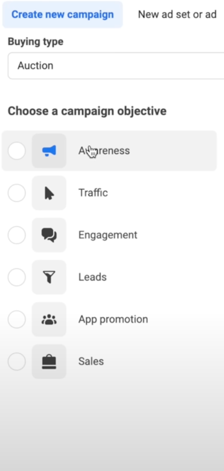 A list of campaign objectives: Awareness, Traffic, Engagement, Leads, App promotion, and Sales