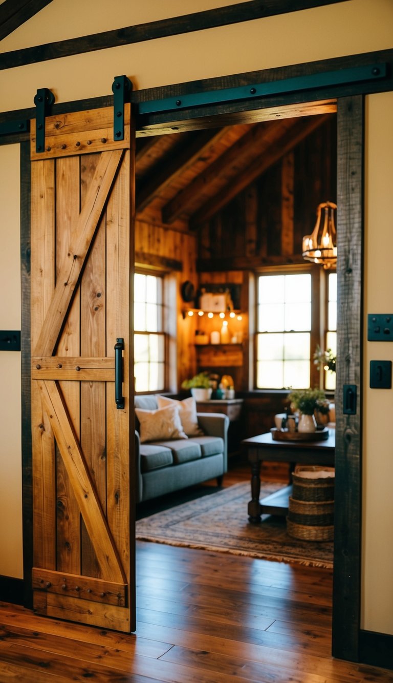 A barn door sliding open to reveal a cozy interior with vintage decor and warm lighting