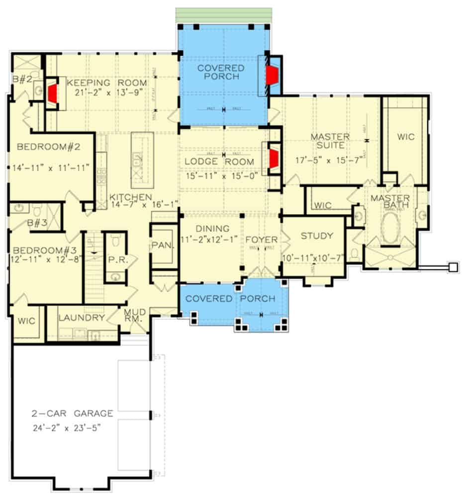 Main level floor plan of a two-story 4-bedroom country craftsman home with front and rear porches, foyer, formal dining room, lodge room, kitchen, keeping room, laundry, mudroom leading to the garage, and three bedrooms including the primary bedroom.