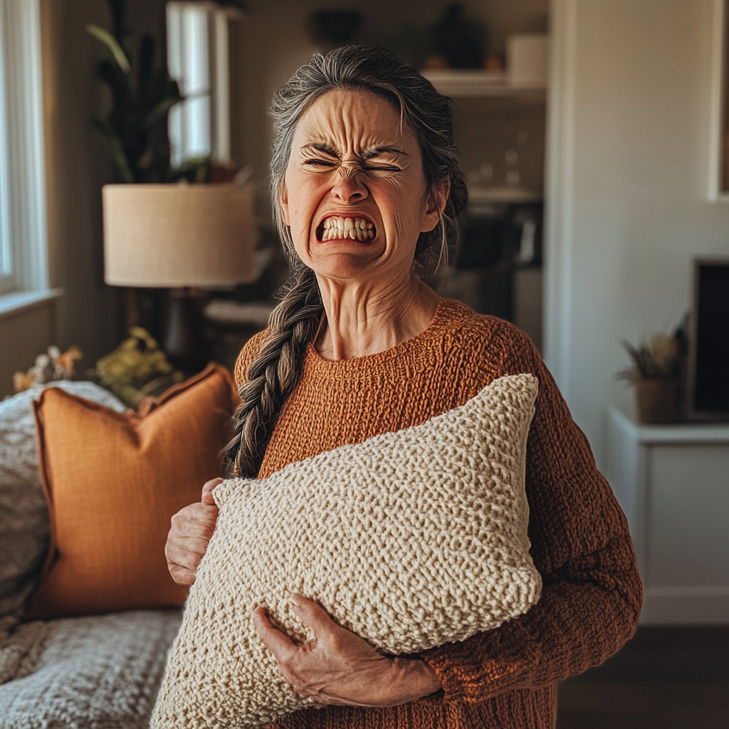 A woman holding a cushion | Source: Midjourney