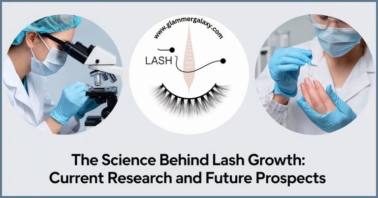 Scientific infographic on eyelash growth, with research imagery and diagrams