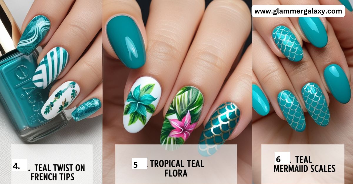 Teal nail polish with various designs including French tips, tropical flora, and mermaid scales.