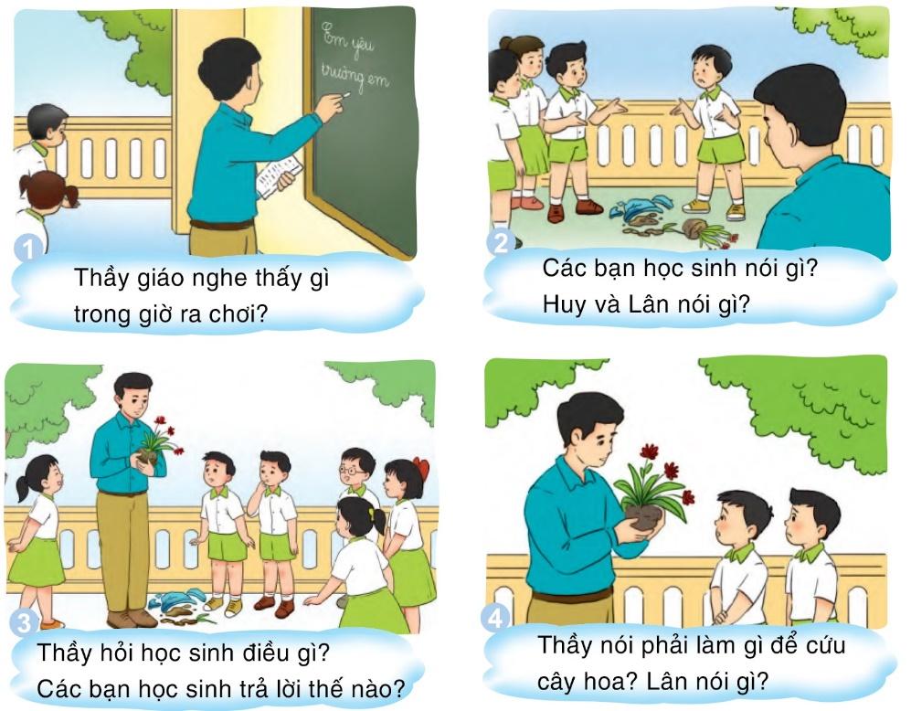 BÀI 6: EM YÊU TRƯỜNG EMChia sẻGiải ô chữ Câu 1: Chọn từ ngữ thích hợp với mỗi dòng theo gợi ý dưới đây. Mỗi ô trống ứng với một chữ cái.- Dòng 3: Dùng bút, phấn hoặc vật khác tạo thành chữ (gồm 4 chữ cái, bắt đầu bằng chữ V). - Dòng 4: Nơi em đến học hằng ngày (gồm 9 chữ cái, bắt đầu bằng chữ T). - Dòng 7: Tên một loại hoạt động đầu tuần của nhà trường (gồm 6 chữ cái, bắt đầu bằng chữ C). - Dòng 8: Buổi lễ bắt đầu năm học mới (gồm 9 chữ cái, bắt đầu bằng chữ K). - Dòng 9: Người phụ nữ làm nghề dạy học (gồm 6 chữ cái, bắt đầu bằng chữ C).Giải nhanh:3) VIẾT4) TRƯỜNG HỌC7) CHÀO CỜ8) KHAI GIẢNG9) CÔ GIÁOCâu 2: Đọc từ mới xuất hiện ở cột dọc (cột màu xanh đậm).Giải nhanh: MÁI TRƯỜNG.BÀI ĐỌC 1: SÂN TRƯỜNG EMCâu 1: Những chi tiết nào tả sân trường, lớp học vắng lặng trong những ngày hè?Trả lời:Những chi tiết tả sân trường, lớp học vắng lặng trong những ngày hè: “chỉ có tiếng lá cây, thì thầm cùng bóng nắng.”Câu 2: Bạn học sinh tưởng tượng sân trường sẽ đổi khác như thế nào trong ngày tựu trường?Trả lời:Bạn học sinh tưởng tượng sân trường sẽ đổi khác trong ngày tựu trường: “sân trường lại ngập tràn những niềm vui xao xuyến.”Câu 3: Những ai, những gì đang mời gọi, mong chờ bạn học sinh bước vào năm học mới?Trả lời:- Những thứ đang mời gọi, mong chờ bạn học sinh bước vào năm học mới:thầy côbạn bètrống trườngLuyện tậpCâu 1: Tìm bộ phận trả lời cho câu hỏi Ai? và bộ phận câu trả lời cho câu hỏi Làm gì? trong câu “Chúng em học bài mới”Giải nhanh:Chúng emhọc bài mới.Câu 2: Đặt một câu nói về hoạt động của em trên sân trường trong ngày tựu trường.Giải nhanh:Em vỗ tay khi cô hiệu trưởng phát biểu.Bài viết 1Câu 1: Nghe-viết: Ngôi trường mới.Giải nhanh:Nghe-viếtCâu 2: Tìm đường đến trường.a) Em chọn chữ s hoặc chữ x phù hợp với ô trống. Giúp bạn Sơn tìm đường đến trường. Biết rằng đường đến trường được đánh dấu bằng các tiếng có chữ s.b) Em chọn dấu thanh (dấu hỏi hoặc dấu ngã) phù hợp với chữ in đậm. Giúp bạn Thủy tìm đường đến trường, biết rằng đường đến trường được đánh dấu bởi các tiếng có dấu hỏi.Giải nhanh:a) b) Câu 3: Tập viếta) Viết chữ hoa: Db) Viết ứng dụng: Đoàn kết tốt, kỉ luật tốt.Giải nhanh:a) Viết chữ hoa: Db) Viết ứng dụng: Đoàn kết tốt, kỉ luật tốt.BÀI ĐỌC 2: CHẬU HOAĐọc hiểuCâu 1: Chuyện gì xảy ra ngoài hành lang khi thầy giáo đang viết bài?Trả lời:Chuyện xảy ra ngoài hành lang khi thầy giáo đang viết bài: Chậu hoa bị rơi vỡ.Câu 2: Thầy giáo nói gì với nhóm học trò đang vây quanh?Trả lời:Thầy giáo nói với nhóm học trò đang vây quanh: “Trước hết phải cứu cây hoa đã”.Câu 3: Các bạn trong lớp tưởng tượng cây hoa nói gì?Trả lời:Các bạn trong lớp tưởng tượng cây hoa nói: “Các bạn có thương tôi không?”, “Tôi sẽ không nở hoa được nữa.”Câu 4: Em có thích cách giải quyết sự việc của thầy giáo không? Chọn câu trả lời của em:a) Không, vì thầy chưa làm rõ ai mắc tội nặng hơn.b) Có, vì thầy đã hướng suy nghĩ của học sinh vào việc cứu cây hoa.c) Có, vì thầy tránh cho Huy và Lân tranh cãi xem ai có lỗi.Trả lời:- Em chọn ý: c) Có, vì thầy tránh cho Huy và Lân phải tranh cãi xem ai có lỗi.Luyện tậpCâu 1: Tìm lời xin lỗi của Huy trong câu chuyệnTrả lời:Lời xin lỗi của Huy trong câu chuyện: “Em xin lỗi thầy nhưng tại bạn Lân đẩy em ạ.”Câu 2: Sau khi nghe thầy nói, Lân đã nhận ra lỗi của mình. Theo em:a) Lân nên xin lỗi những ai?b) Lân xin lỗi như thế nào?c) Người được Lân xin lỗi sẽ nói gì?Trả lời:- Sau khi nghe thầy nói, Lân đã nhận ra lỗi của mình. Theo em:a) Lân nên xin lỗi thầy giáo và Huy.b) Lân xin lỗi thầy: “Em xin lỗi thầy vì đã làm vỡ chậu hoa.”Lân xin lỗi Huy: “Tớ xin lỗi vì đã đẩy cậu ngã.”c) Người được Lân xin lỗi sẽ nói:Thầy: “Không sao, em biết nhận lỗi là tốt rồi.”Huy: “Không sao, chúng ta đã cứu được chậu hoa rồi.”Kể chuyệnCâu 1: Phân vai (người dẫn chuyện, thầy giáo, Huy, Lân và 2 học sinh khác) đọc lại câu chuyện Chậu hoa.Trả lời:Phân vai (người dẫn chuyện, thầy giáo, Huy, Lân và 2 học sinh khác) đọc lại câu chuyện Chậu hoa.Câu 2: Dựa vào tranh, kể lại từng đoạn của câu chuyện.Trả lời:- Dựa vào tranh, kể lại từng đoạn của câu chuyện.  Giờ ra chơi thầy giáo vừa kịp viết lên bảo mấy chữ mẫu cho tiết học sau thì nghe tiếng “rầm” ngoài hành lang.Nhóm học trò nhao nhao nói rằng bạn Huy làm vỡ chậu hoa. Cậu bé vui buồn bã xin lỗi thầy và nói tại bạn Lân đẩy em đấy ạ Lân thì bảo em chỉ ra và bạn thôi.Khi thầy giáo nâng cây hoa nên nói trước hết hãy cứu cây hoa đã. Rồi thầy hỏi các em thử nghĩ xem nếu cây hoa biết nói nó sẽ nói gì với các em. Nhiều ý kiến được đưa ra “Các bạn có thương tôi không’, “Tôi không nở hoa được nữa”. Thầy giáo mỉm cười khi các em mang chiếc xô nhựa đến đây trồng cây hoa vào. Ngày mai ta sẽ tìm cho nó một cái chậu mới. Nghe thầy nói Lân cũng nhận lỗi và xin lỗi thầy và các bạn. Sau hồi trống và lớp cây hoa đã được nằm trong xô nhựa nó sẽ được đặt vào cái chậu mới.Câu 3: Kể lại toàn bộ câu chuyện.Trả lời:Kể lại toàn bộ câu chuyện.Bài viết 2Câu 1: Nói lời xin lỗi và lời đáp của các nhân vật trong bức tranh dưới đây:Giải nhanh:Tranh 1:  Tớ xin lỗi vì đã dẫm lên giày của cậu. - Ừ, không sao đâu.Tranh 2: Con xin lỗi mẹ vì đã làm vỡ bình hoa. - Con biết nhận lỗi là tốt rồi.Câu 2: Viết 4-5 câu kể về một lần em có lỗi với ai đó (bố mẹ, thầy cô, anh chị em, bạn bè,..) và em xin lỗi người đó.Trả lời:- Ví dụ: Một hôm chị em đang học bài ở bàn học. Em ngồi cạnh chị uống sữa rồi không may làm đổ sữa ra bàn. Sữa làm ướt vở của chị. Em cảm thấy rất có lỗi và đã xin lỗi chị của mình.GÓC SÁNG TẠO: MÔI TRƯỜNG MƠ ƯỚC