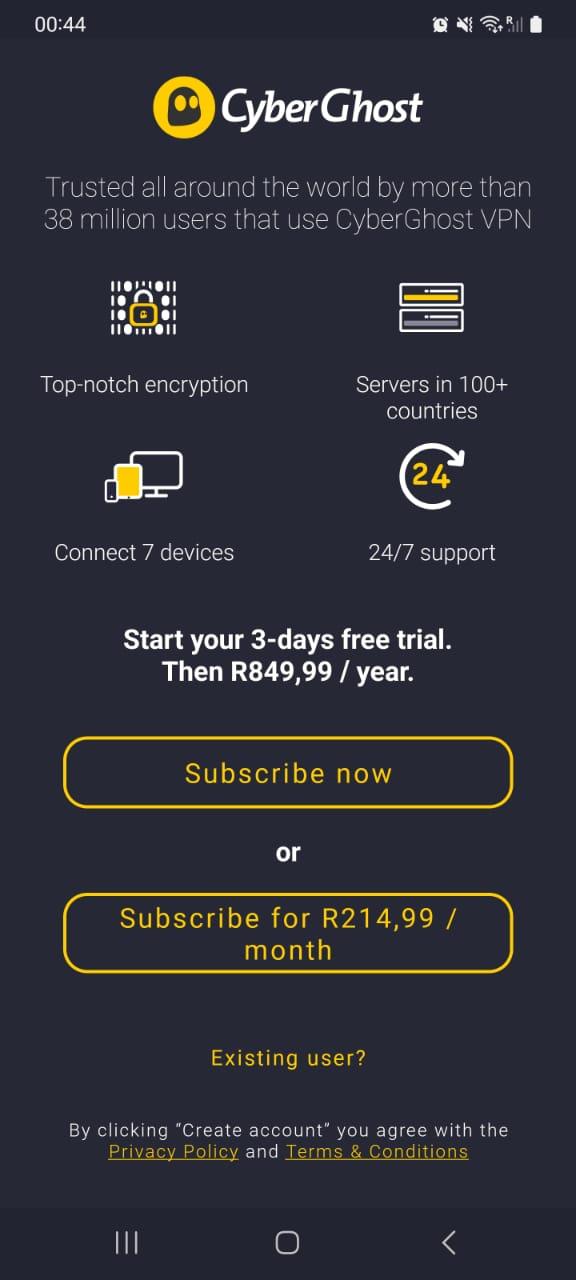 CyberGhost's Android VPN app sign up page