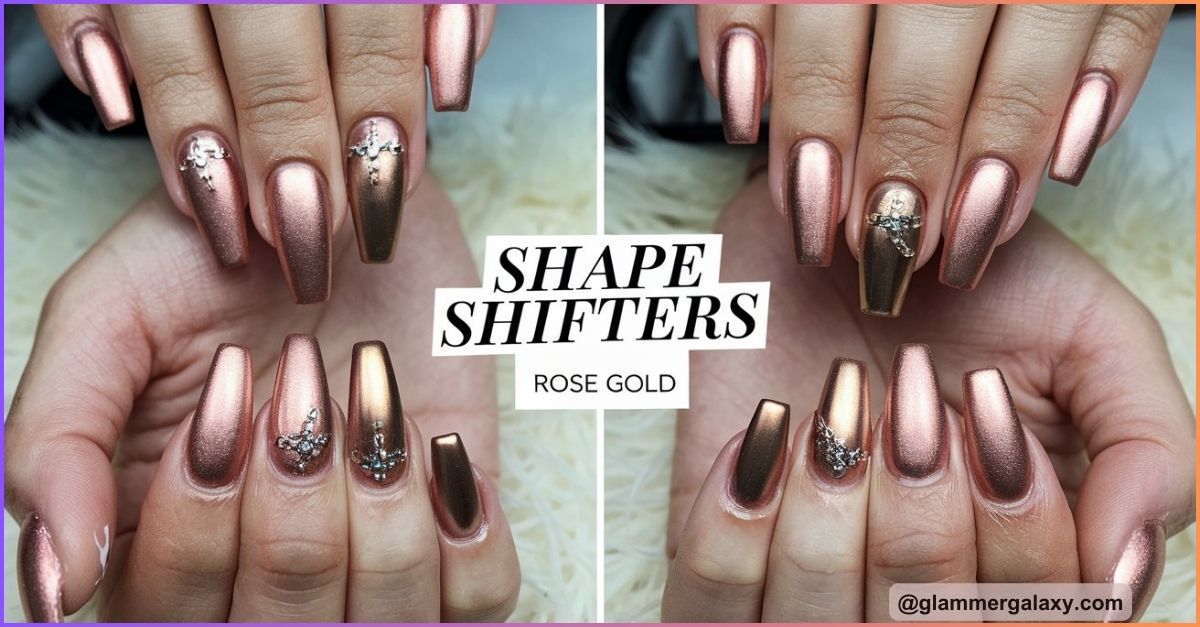 Two hands with rose gold nails in various shapes, some with glitter and gemstones.