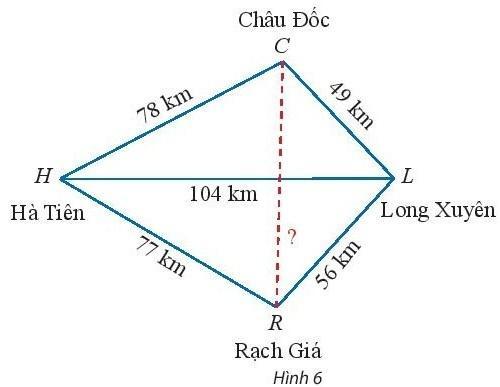 BÀI 3. GIẢI TAM GIÁC VÀ ỨNG DỤNG THỰC TẾKHỞI ĐỘNGVới số liệu đo được từ một bên bờ sông như hình vẽ sau, bạn hãy giúp nhân viên đo đạc tính khoảng cách giữa hai cái cây bên kia bờ sông.Đáp án chuẩn:53,9 m1. GIẢI TAM GIÁCBài 1: Giải tam giác ABC trong các trường hợp sau:a. a = 17,4; B=44°30 ; C=64°b. a = 10; b = 6; c = 8Đáp án chuẩn:a) A = 71°30’; b ≈ 12,9; c ≈ 16,5b) A = 90°; B = 36°52’; C = 53°8’2. ÁP DỤNG GIẢI BÀI TOÁN VÀO THỰC TẾBài 1: Hai máy bay cùng cất cánh từ một sân bay nhưng bay theo hai hướng khác nhau. Một chiếc di chuyển với tốc độ 450 km/h theo hướng tây và chiếc còn lại di chuyển theo hướng lệch so với hướng bắc 25° về phía tây với tốc độ 630km/h (Hình 5). Sau 90 phút, hai máy bay cách nhau bao nhiêu kilomet? Giả sử chúng đang ở cùng độ cao.Đáp án chuẩn:899,7 km.Bài 2: Trên bản đồ địa lí, người ta thường gọi tứ giác với bốn đỉnh lần lượt là các thành phố Hà Tiên, Châu Đốc, Long Xuyên, Rạch Giá là tứ giác Long Xuyên. Dựa theo các khoảng cách đã cho trên Hình 6, tính khoảng cách giữa Châu Đốc và Rạch Giá.Đáp án chuẩn:75,7 km.BÀI TẬP CUỐI SGK