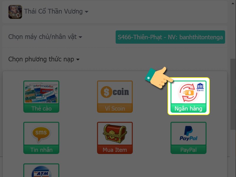 Chọn phương thức nạp ngân hàng