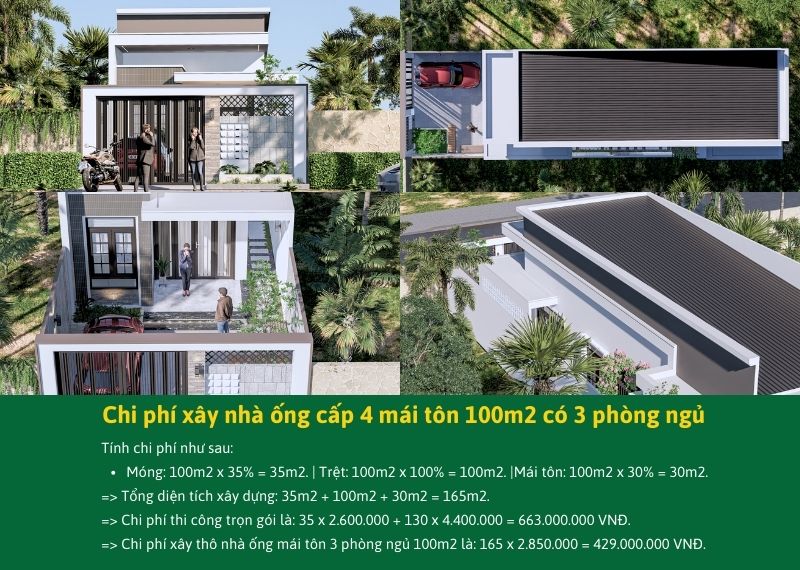 Chi phí xây nhà ống cấp 4 mái tôn 100m2 có 3 phòng ngủ Xây dựng Nhất Tín