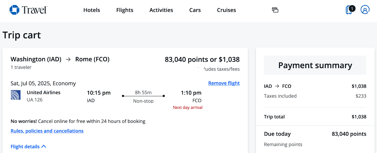 IAD to FCO for 83,040 points