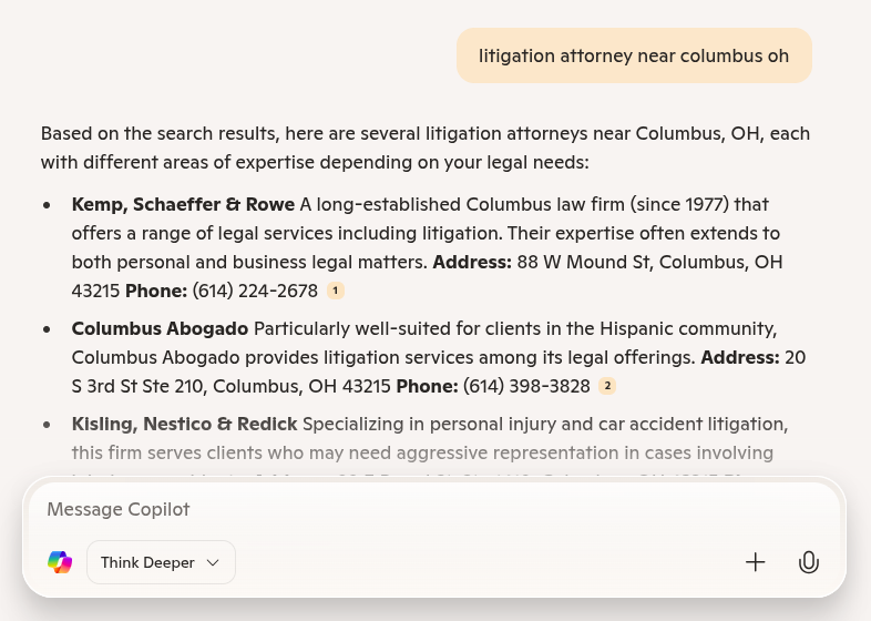MS Copilot returns a list of businesses for a local search.