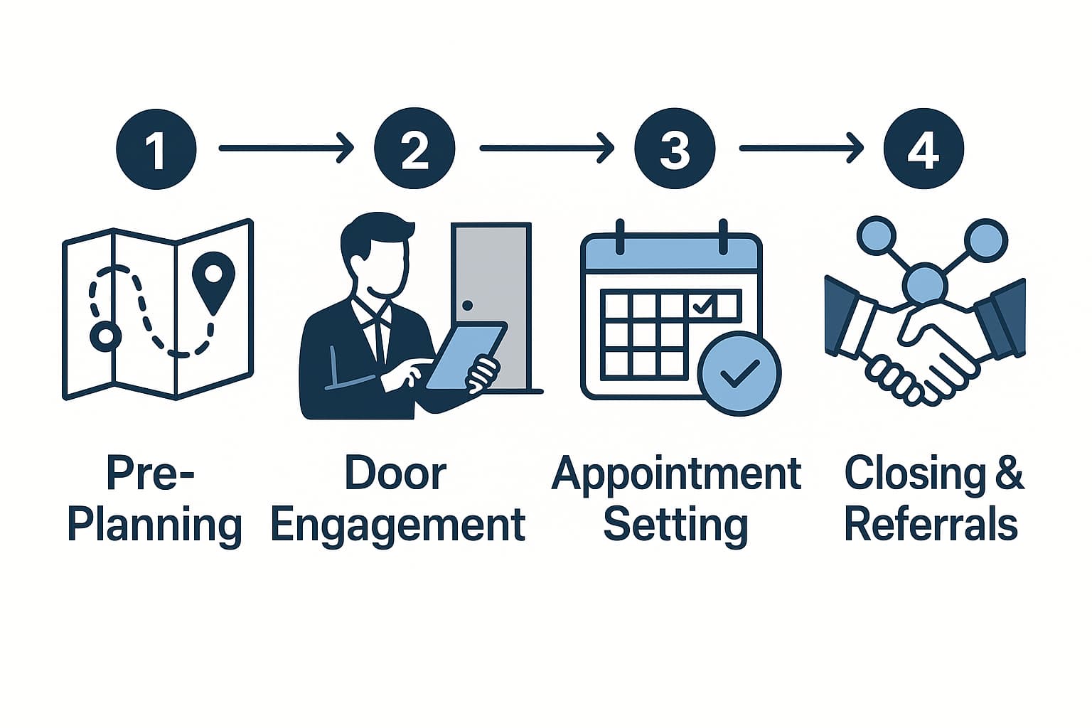 Four-phase strategic door-to-door solar lead generation system process flow from planning to closing sales.