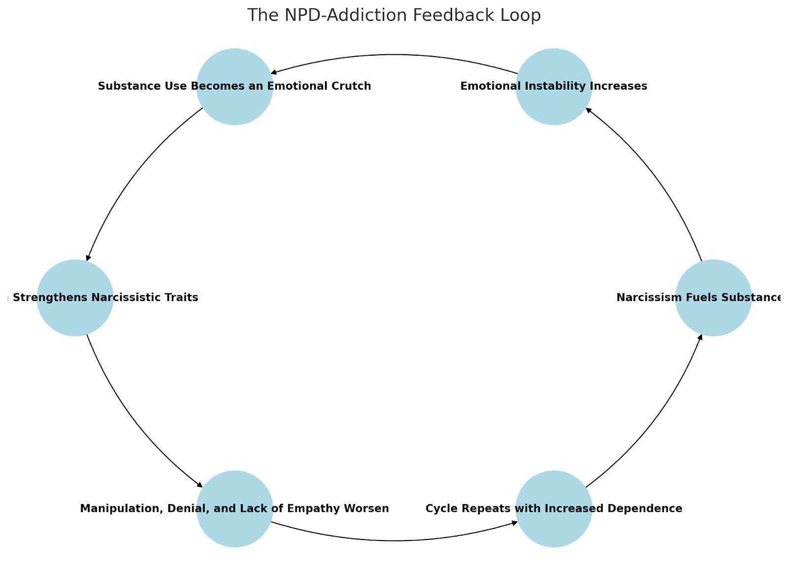 The NPD-Addiction Feedback Loop - Cycle of Narcissism, Substance Abuse, Emotional Instability, and Denial.