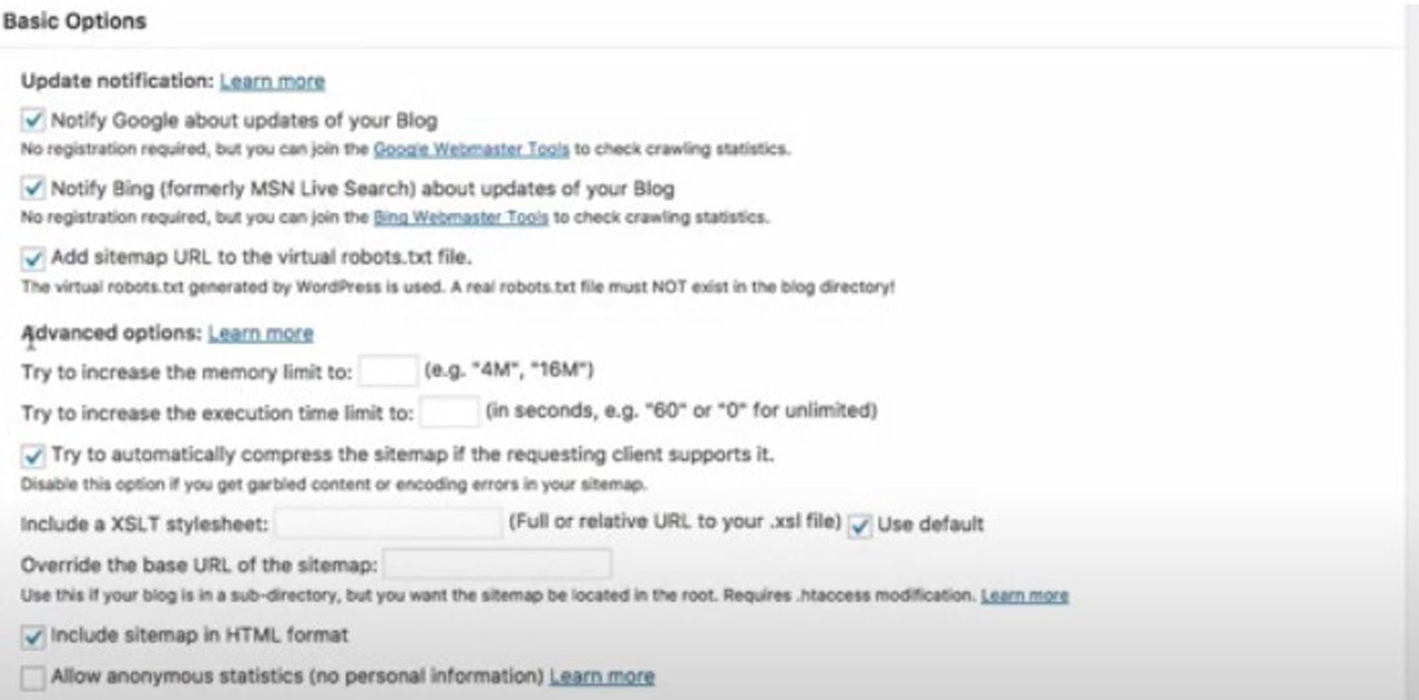 Cài đặt trên menu bảng điều khiển của plugin Google XML Sitemaps