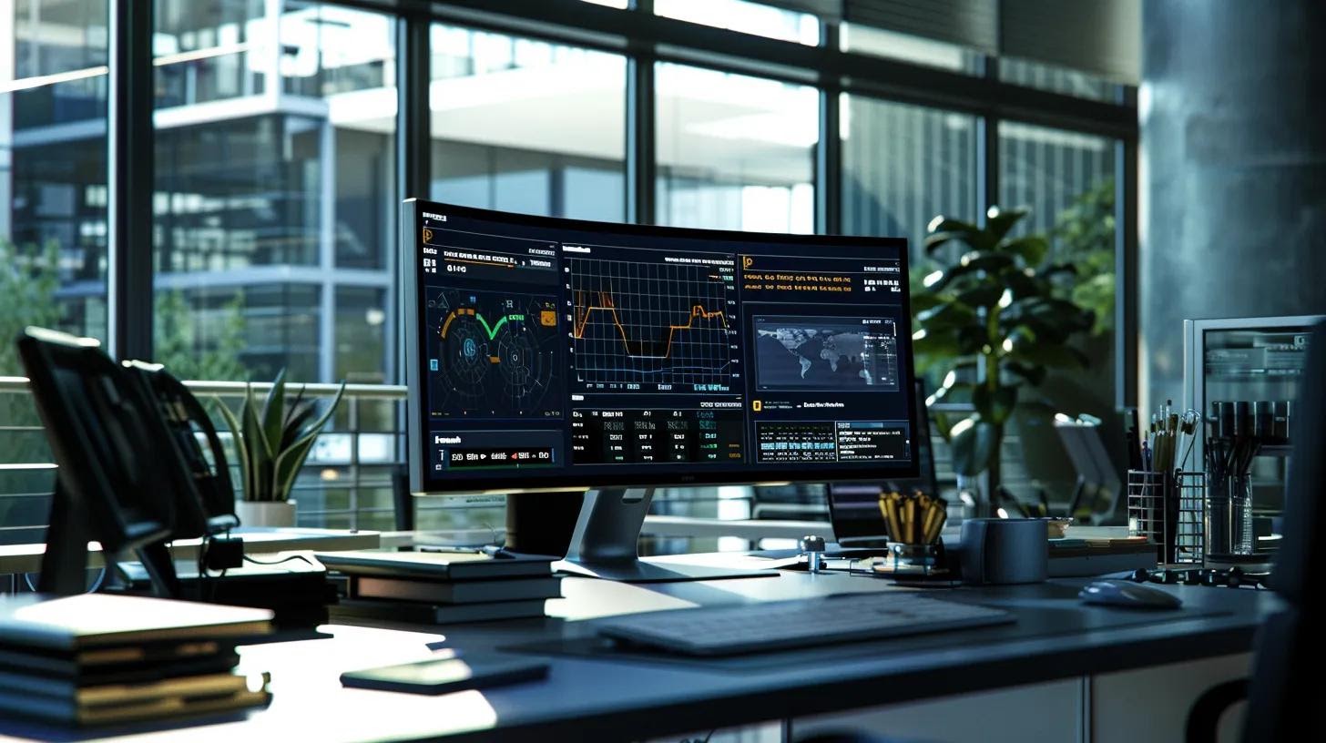 a modern office space features a sleek computer monitor displaying clean, optimized code and seo analytics, surrounded by minimalistic décor that emphasizes a focus on digital efficiency and technical excellence.