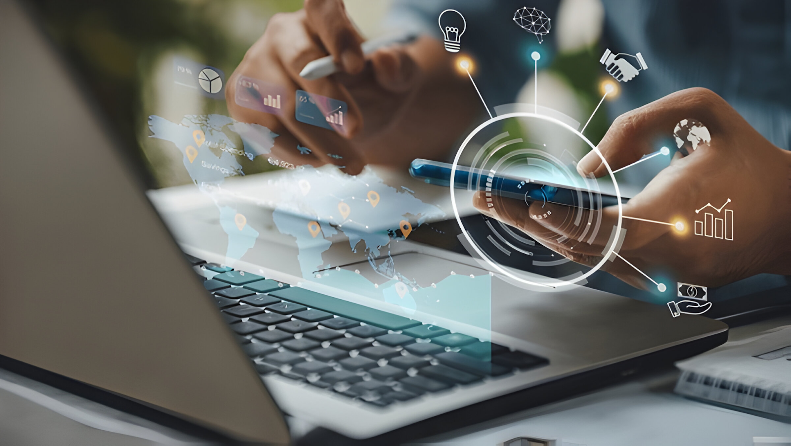 Close-up of hands using a smartphone and laptop with digital financial icons overlay, representing strategies for maintaining a healthy cash flow.