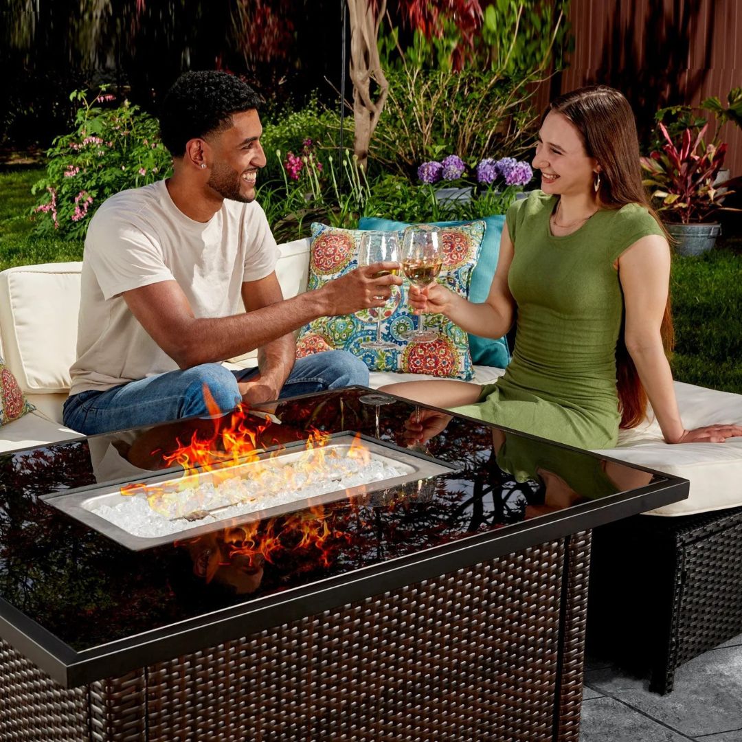 Outdoor grilling, fire pit table, backyard entertaining, propane gas grill, outdoor storage solutions