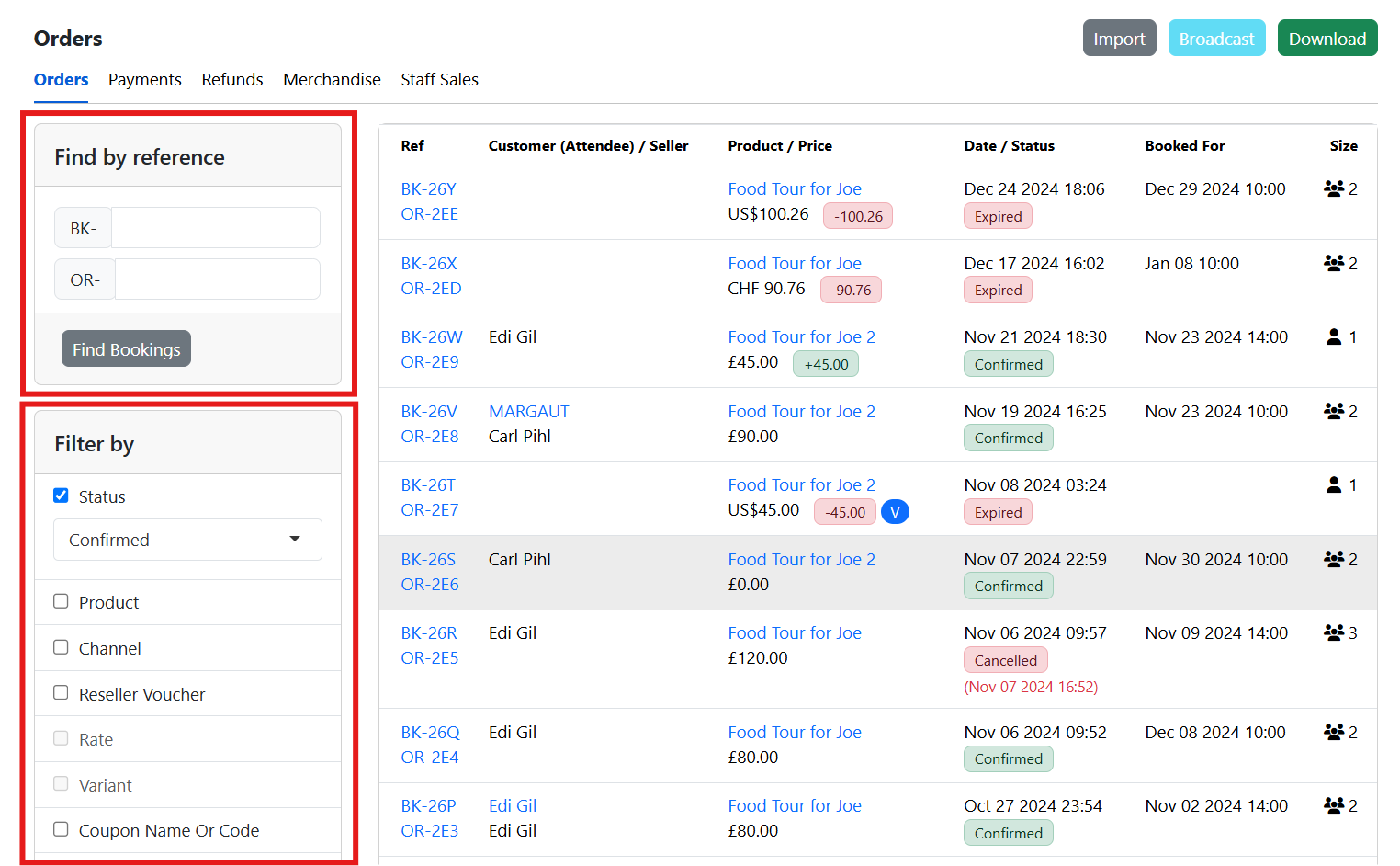 Use various methods to locate the order you need.