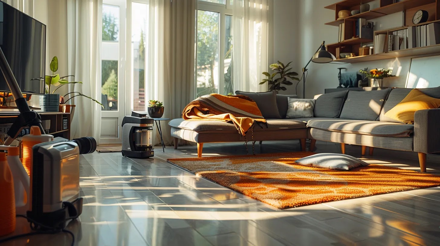a meticulously organized interior space showcases a spotless living room with gleaming surfaces, gleaming floors, and strategically placed professional cleaning supplies, highlighting the transformative power of thorough move-in cleaning strategies.