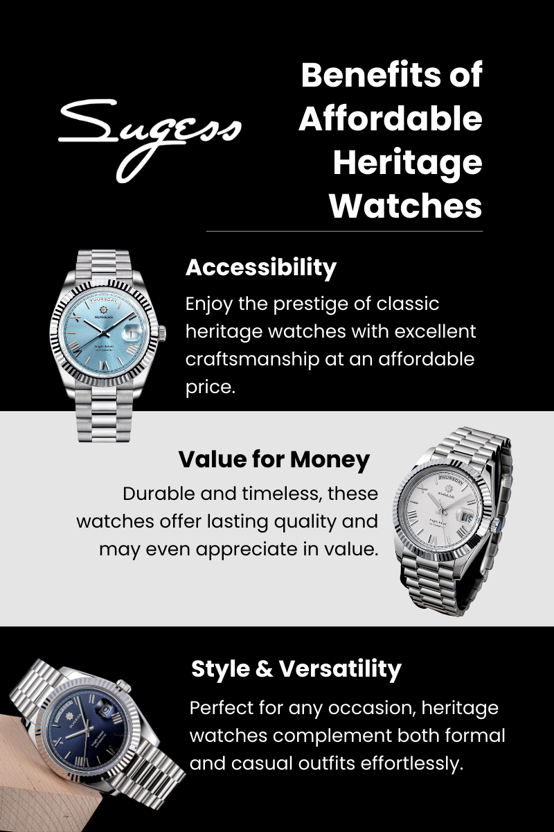 Image highlighting the benefits of affordable heritage watches, including accessibility, value for money, and style versatility, with Sugess watch models displayed.