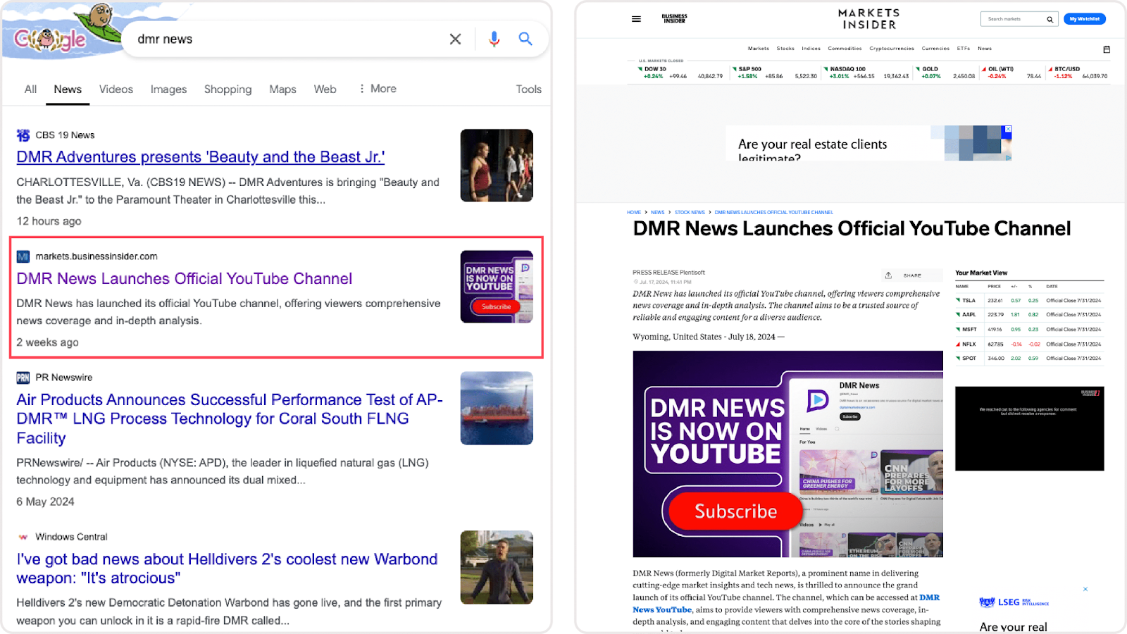 Screenshots showing Google search results for 'DMR News' and a press release about DMR News launching its official YouTube channel featuring on Business Insider.