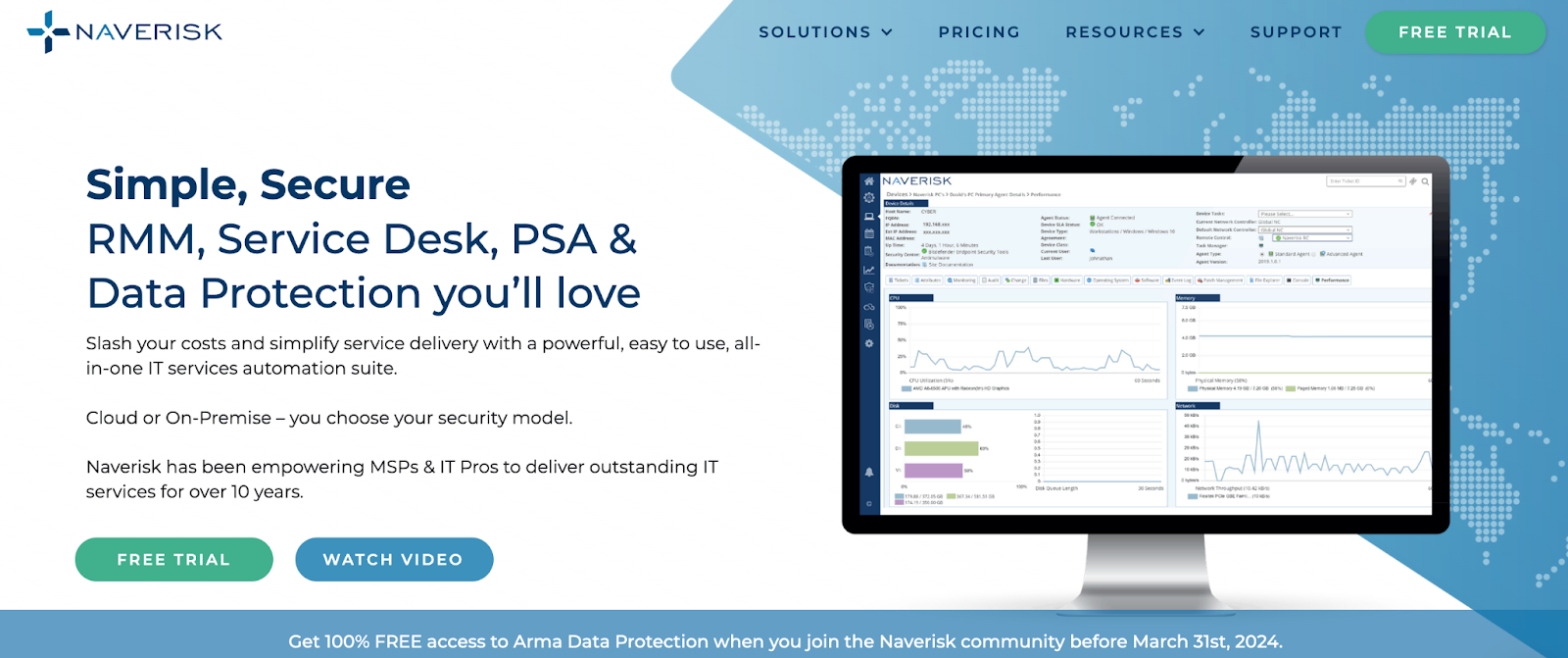 Naverisk homepage picture. It says, "Simple, Secure RMM, Service Desk, PSA & Data Protection You'll love."