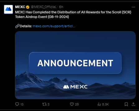 Scroll Airdrop rewards distribution on MEXC