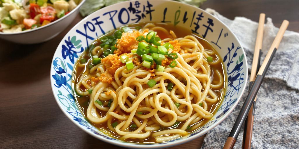 Bowl of udon noodles with green onions and tempura.