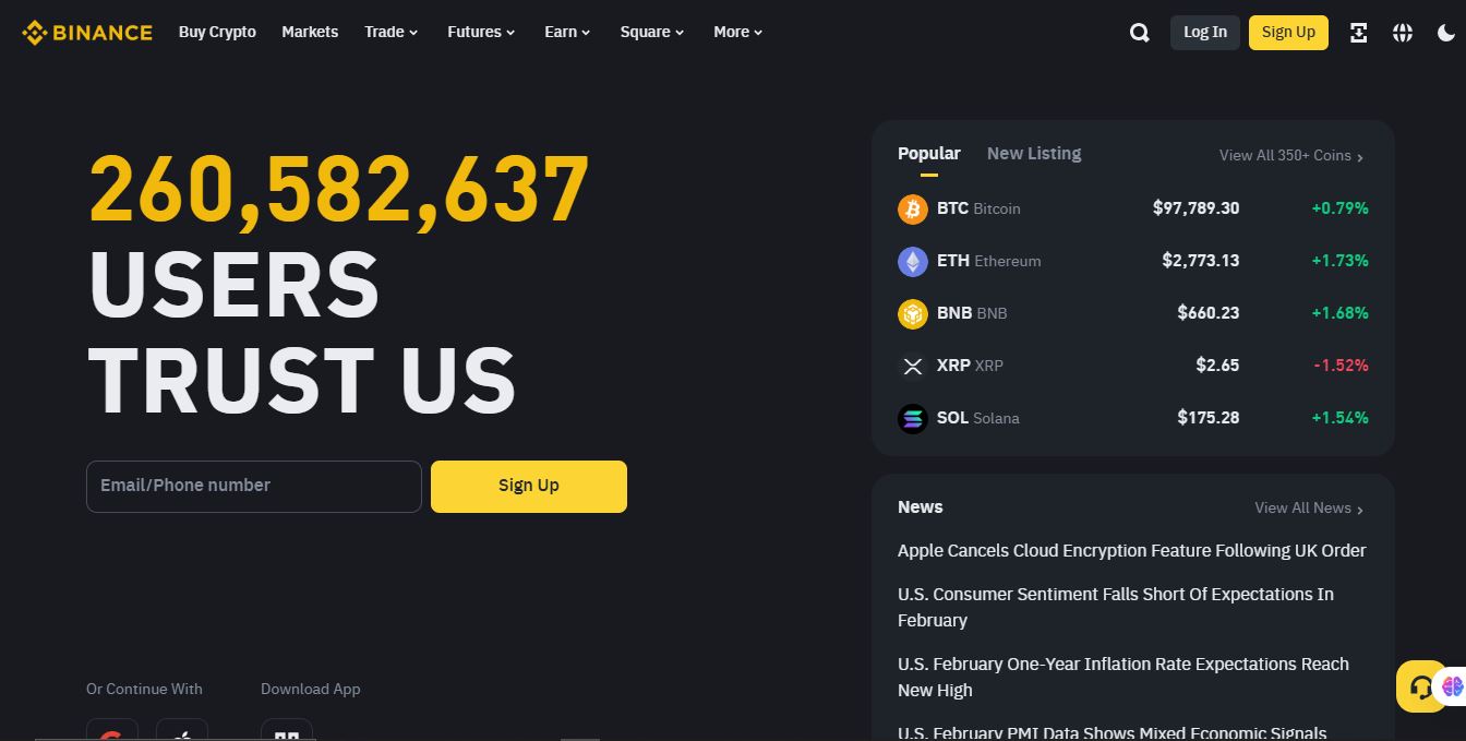 Binance homepage