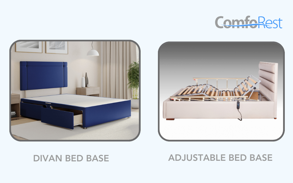 Side-by-side comparison of a divan bed base with built-in storage and a motorised adjustable bed base, showcasing different sleep solutions for comfort and functionality