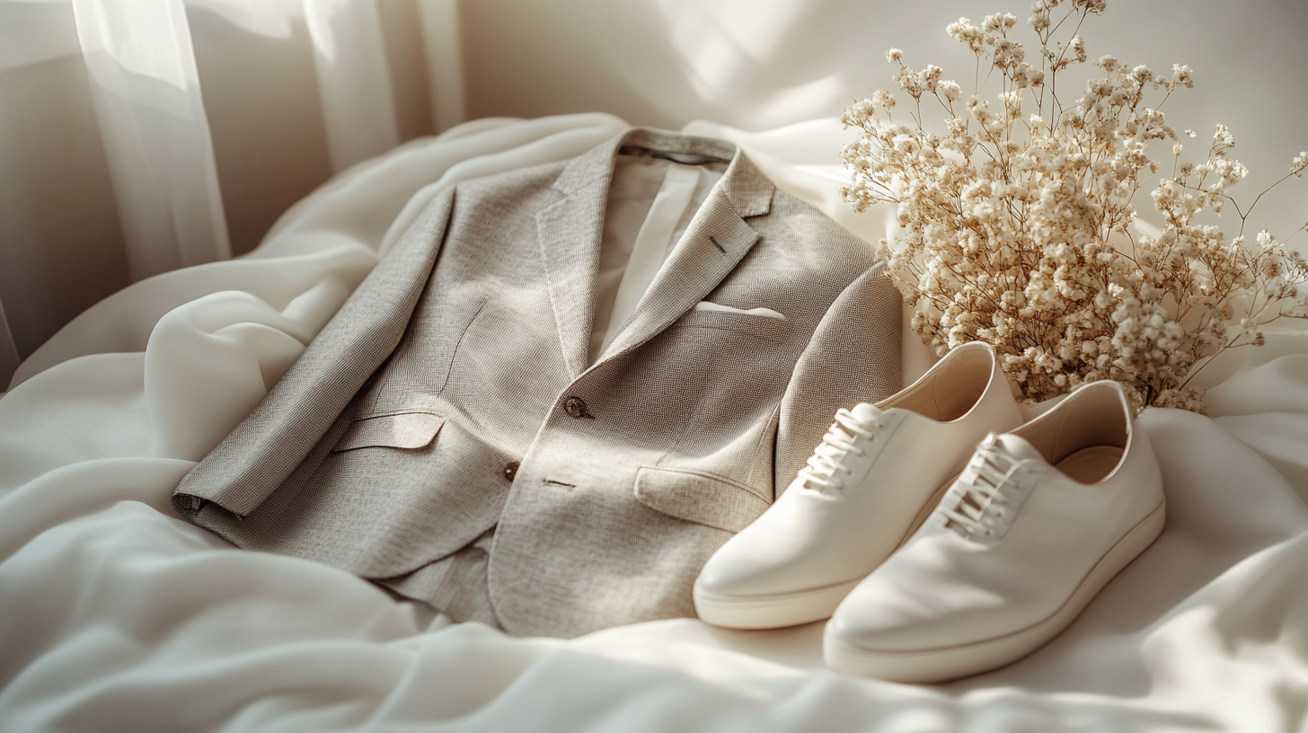 A gray suit, delicately and neatly laid flat on a soft, a little flowing white fabric, creating a balanced composition. Beside the light gray suit is a pair of white shoes placed with care, add some aesthetic display like dried flowers. The scene is softly illuminated with cool white lighting, casting gentle shadows that enhance the minimalist, aesthetic vibe.